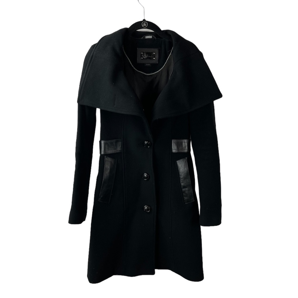 Mackage Womens Size XS Black Wool Longline Peacoat Leather Trim Collared